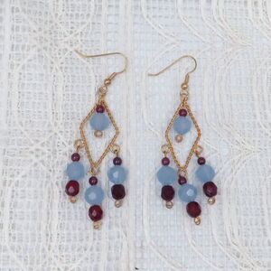 Handmade Garnet Chandelier Earrings on Gold Toned Diamond Shapes for Women